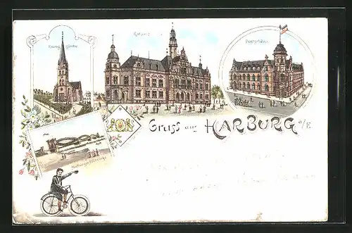 Lithographie Hamburg-Harburg, Postgebäude, Rathhaus, Evag. Kirche und Elbbrücke