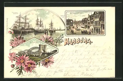 Lithographie Hamburg-Harburg, Partie in der Schloss-Strasse, Elbbrücke, Hafen mit Segelschiffen