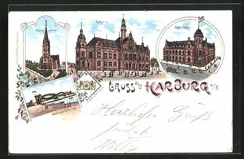 Lithographie Hamburg-Harburg, Partie am Rathhaus, Postgebäude, Evag. Kirche und Elbbrücke