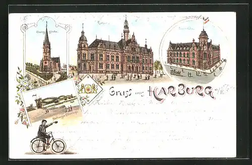 Lithographie Hamburg-Harburg, Rathhaus, Postgebäude, Evag. Kirche, Elbbrücke