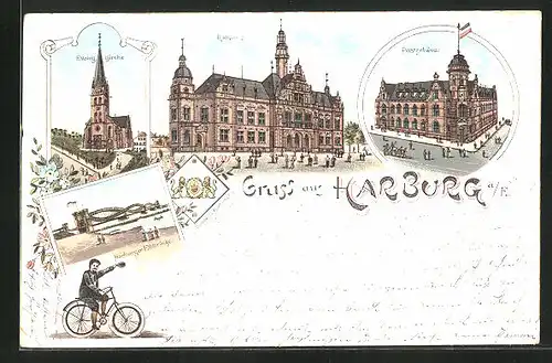 Lithographie Hamburg-Harburg, Postgebäude, Elbbrücke, Rathhaus, Evangelische Kirche