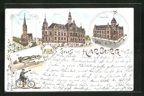 Lithographie Hamburg-Harburg, Elbbrücke, Postgebäude, Rathhaus, Evag. Kirche