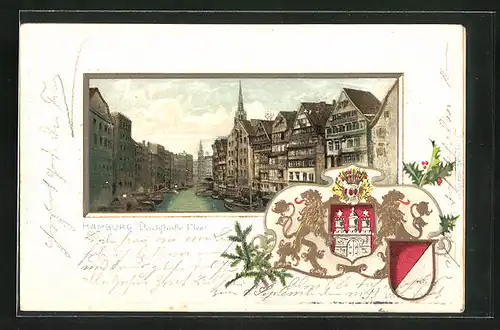 Passepartout-Lithographie Alt-Hamburg, Blick in den Deichstrasse-Fleet, Wappen