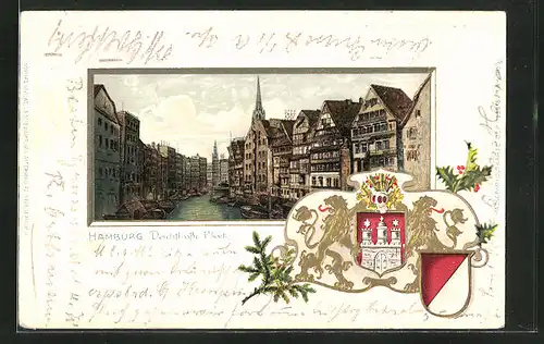 Lithographie Alt-Hamburg, Alt-Hamburg mit Deichstrassen-Fleet und Wappen