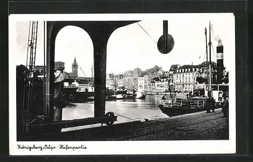 AK Königsberg / Ostpr., Hafenpartie mit Blick zur Stadt