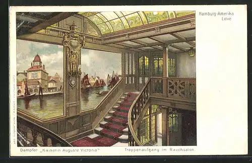 Lithographie Passagierschiff Kaiserin Auguste Victoria, Treppenaufgang im Rauchsalon