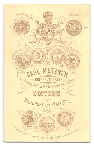 Fotografie Carl Metzner, Cottbus, Schlosskirchplatz 27b, Kleinkind im Kleidchen auf Sessel stehend