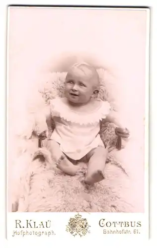 Fotografie R. Klau, Cottbus, Bahnhofstr. 61, Baby auf Felldecke sitzend