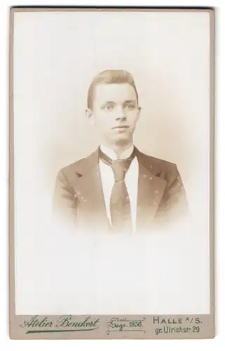 Fotografie Atelier Benckert, Halle a /S., Gr. Ulrichstrasse 29, Portrait junger Herr im Anzug mit Krawatte