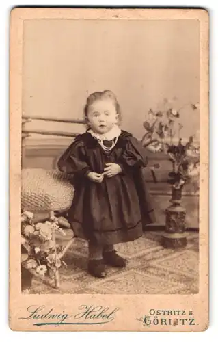 Fotografie Ludwig Habel, Ostritz, Mühlgasse 262, Portrait kleines Mädchen im schwarzen Kleid mit Perlenkette