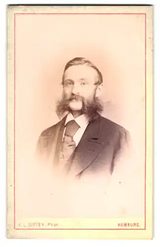 Fotografie F. L. Giffey, Hamburg, Ferdinandstr. 57, Portrait Herr im Anzug mit Schlips und Backenbart