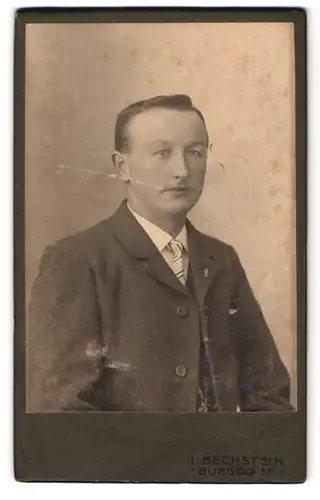 Fotografie L. Bechstein, Burgdorf, Bahnhofstrasse, Portrait Herr im Anzug mit gestreifter Krawatte