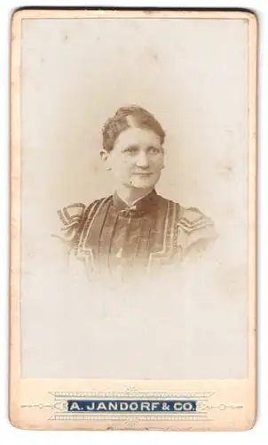 Fotografie A. Jandorf & Co., Berlin, Belle-Alliance Str. 1, Portrait Frau im bestickten Kleid mit Brosche