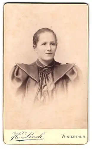 Fotografie H. Linck, Winterthur, Portrait Dame im seidenen Kleid mit Puffärmeln