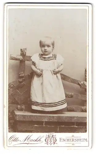 Fotografie Otto Mackh, Eschersheim, Portrait kleines Mädchen im weissen Kleid auf einer Bank