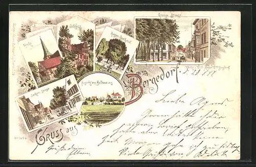 Lithographie Hamburg-Bergedorf, Grosse Strasse, Sachsen-Strasse, Schloss