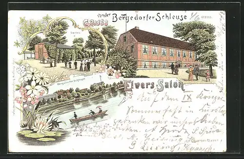 Lithographie Hamburg-Bergedorf, Gasthaus Elvers-Salon an der Bergedorfer Schleuse
