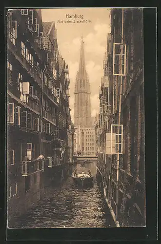 AK Alt-Hamburg, Fleet beim Steckelhörn mit Kirche und Boot