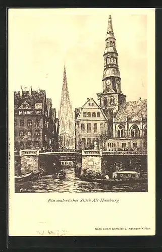 Künstler-AK Alt-Hamburg, Ortspartie mit Kirche