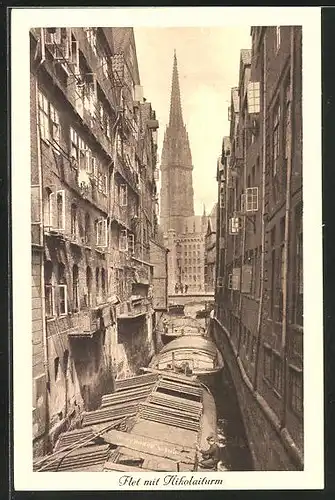 AK Alt-Hamburg, Fleet mit Nikolaiturm und Booten