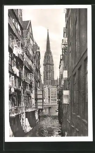 AK Alt-Hamburg, Steckelhörnfleet mit Blick auf die Nicolaikirche