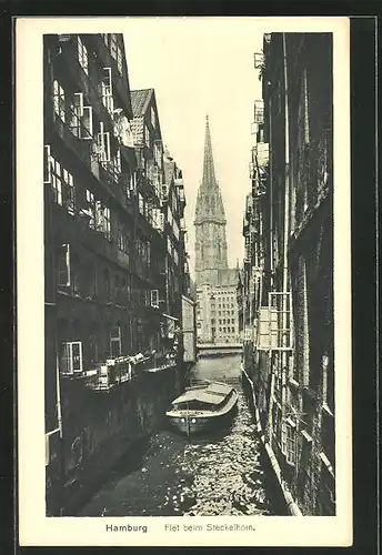 AK Alt-Hamburg, Fleet beim Steckelhörn mit Kirche und Boot