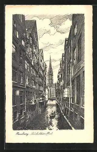 Künstler-AK Alt-Hamburg, Stöckelhörnfleet mit Kirche und Boot