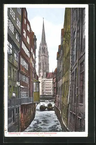 AK Alt-Hamburg, Steckelhörnfleet mit Nicolaikirche und Booten