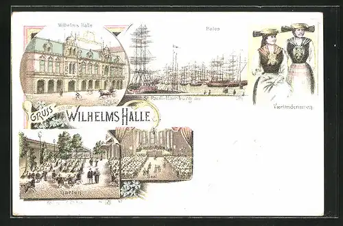 Lithographie Hamburg-St. Pauli, Restaurant & Panoptikum Wilhelms Halle, Hafen