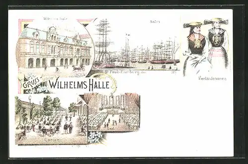 Lithographie Hamburg-St. Pauli, Restaurant & Panoptikum Wilhelms Halle, Hafen, Vierländerinnen