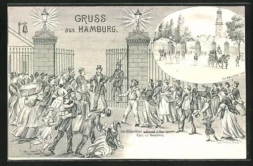 Lithographie Hamburg-St. Pauli, Millernthor kurz vor Thorschluss