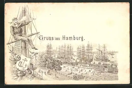 Lithographie Hamburg-St. Pauli, Landungsbrücke und Hafen