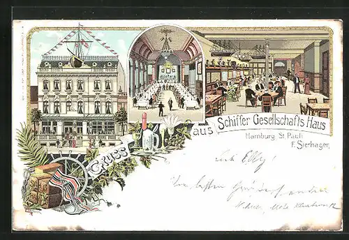 Lithographie Hamburg-St. Pauli, Gasthof Schiffer Gesellschafts Haus von F. Sierhagen