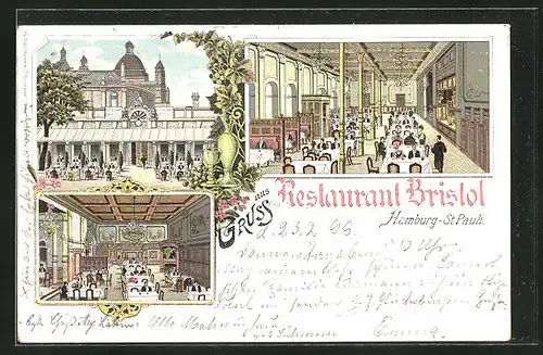 Lithographie Hamburg-St. Pauli, Restaurant Bristol, Innen- und Aussenansichten