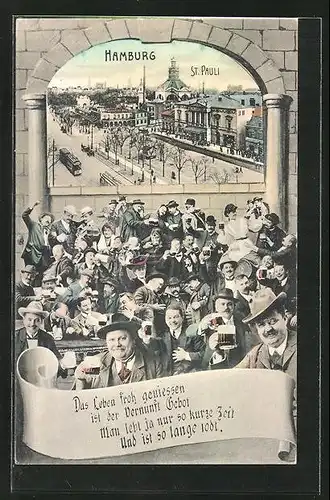 AK Hamburg-St. Pauli, Reeperbahn aus der Vogelschau, Feiernde