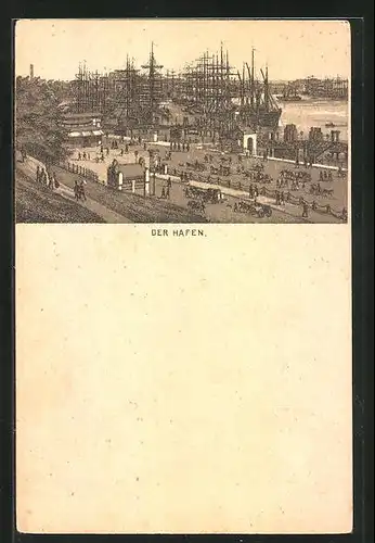 Lithographie Hamburg-St. Pauli, Blick auf den Hafen