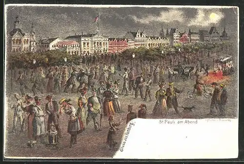 Lithographie Hamburg-St. Pauli, Reeperbahn am Abend, Nachtleben