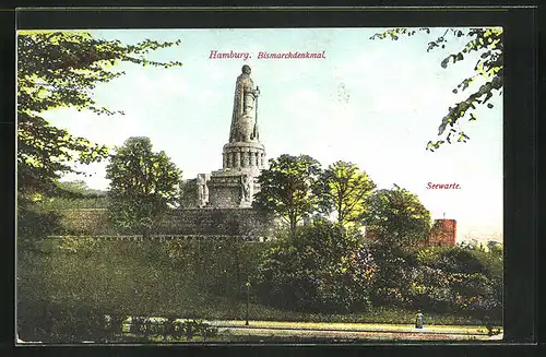 AK Hamburg-St. Pauli, Bismarck-Denkmal und Seewarte mit Grünanlagen