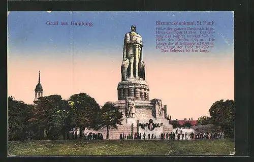 AK Hamburg-St. Pauli, Bismarckdenkmal bei Dämmerung