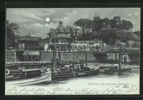 Mondschein-AK Hamburg-St. Pauli, Gasthof Fährhaus und Seewarte mit Booten Kosmos & Bachy & Co