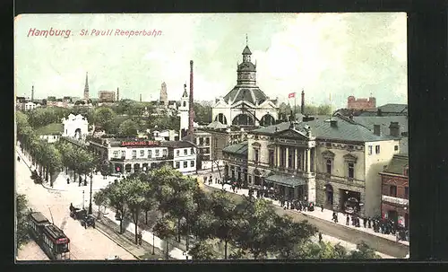 AK Hamburg-St. Pauli, Gasthaus Elbschloss Bräu an der Reeperbahn mit Strassenbahn