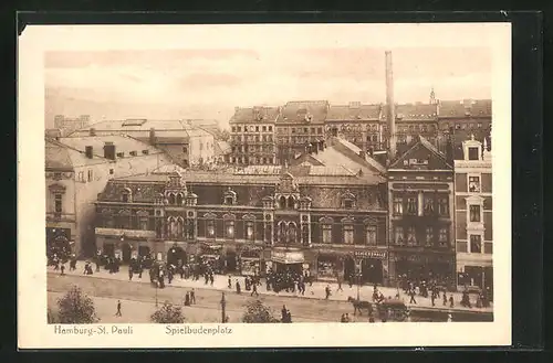 AK Hamburg-St. Pauli, Spielbudenplatz mit Schiesshalle und Geschäften