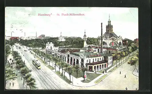 AK Hamburg-St. Pauli, Millerntor mit Gasthaus Elbschloss-Bräu und Strassenbahn