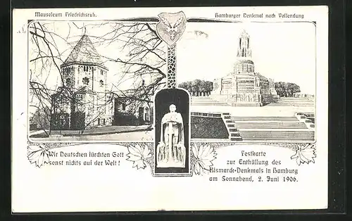 AK Hamburg-St. Pauli, Festkarte zur Enthüllung des Bismarck-Denkmals 1906, Mausoleum Friedrichsruh, Hamburger Denkmal