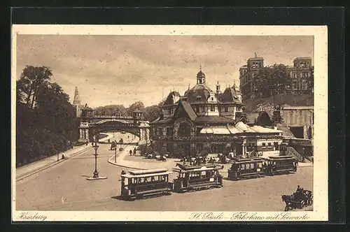 AK Hamburg-St. Pauli, Gasthof Fährhaus mit Seewarte und Strassenbahn