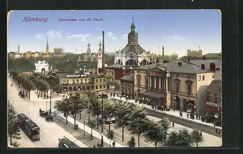 AK Hamburg-St. Pauli, Panorama mit Gasthaus Elbschloss-Bräu und Strassenbahn