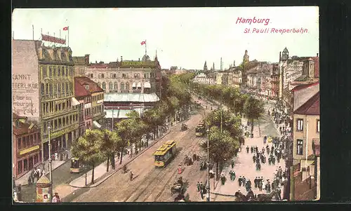 AK Hamburg-St. Pauli, Reeperbahn, mit Gasthaus Elbschloss-Bräu und Bier-Palast, Strassenbahn