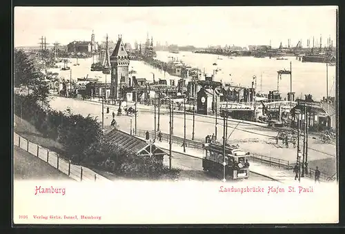 AK Hamburg-St. Pauli, Landungsbrücke Hafen St. Pauli mit Strassenbahn