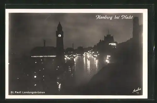 AK Hamburg-St. Pauli, Landungsbrücke bei Nacht