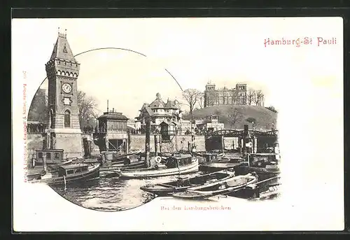 AK Hamburg-St. Pauli, Bei den Landungsbrücken mit Booten